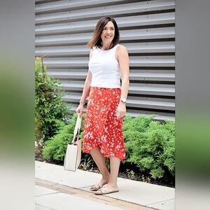 NWOT J Crew Orange Floral High Low Midi Skirt - XL